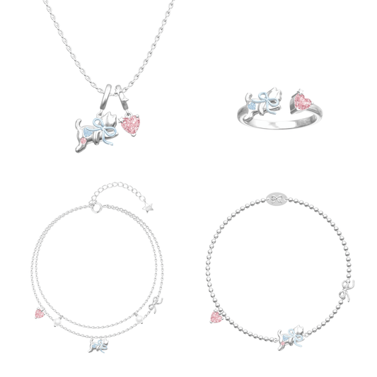 Dreamcatcher Kitty Cat Bow Heart Jewelry Set 925 Sterling Silver