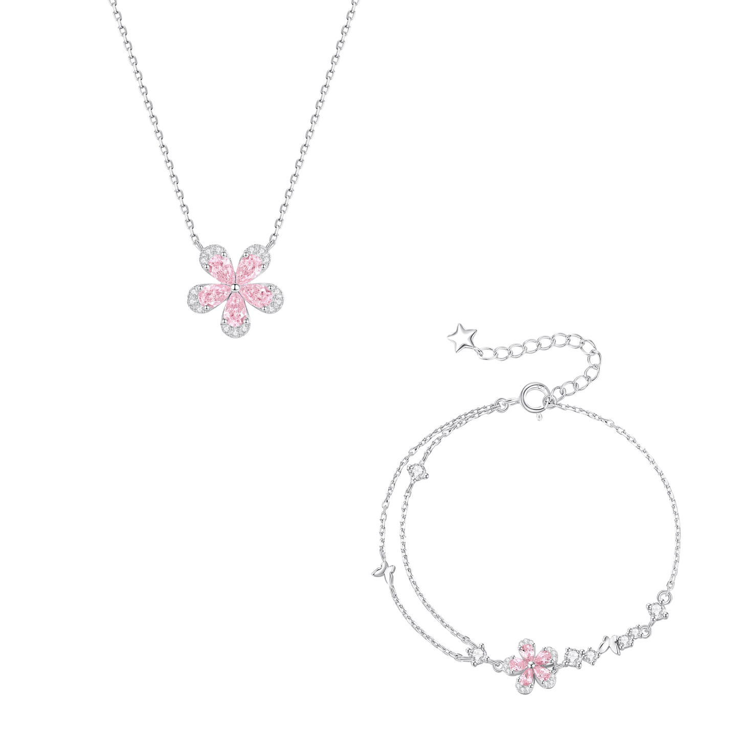 Blush Sakura Pink Blossom Jewelry Set S925 Sterling Silver Necklace Bracelet