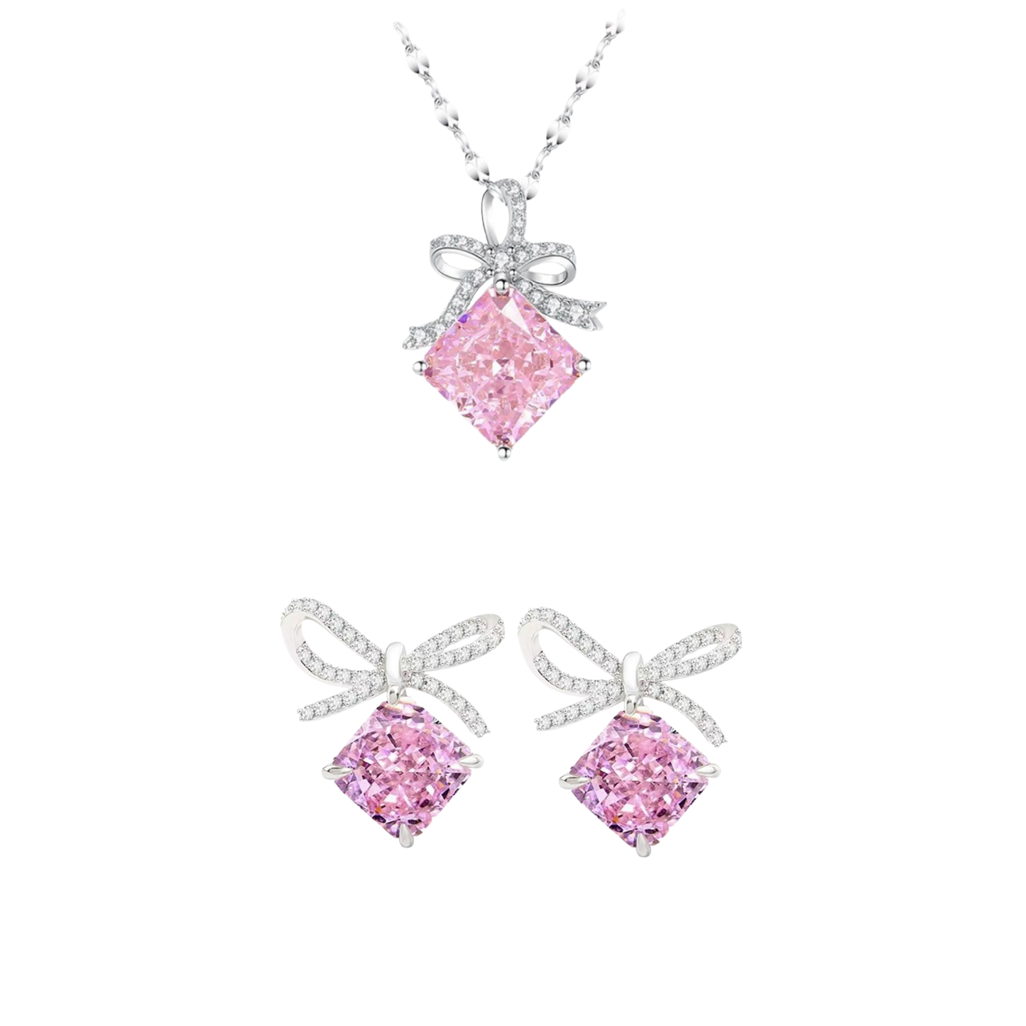 Blush Ribbon Pink Bow Jewelry Set S925 Sterling Silver Necklace Earrings