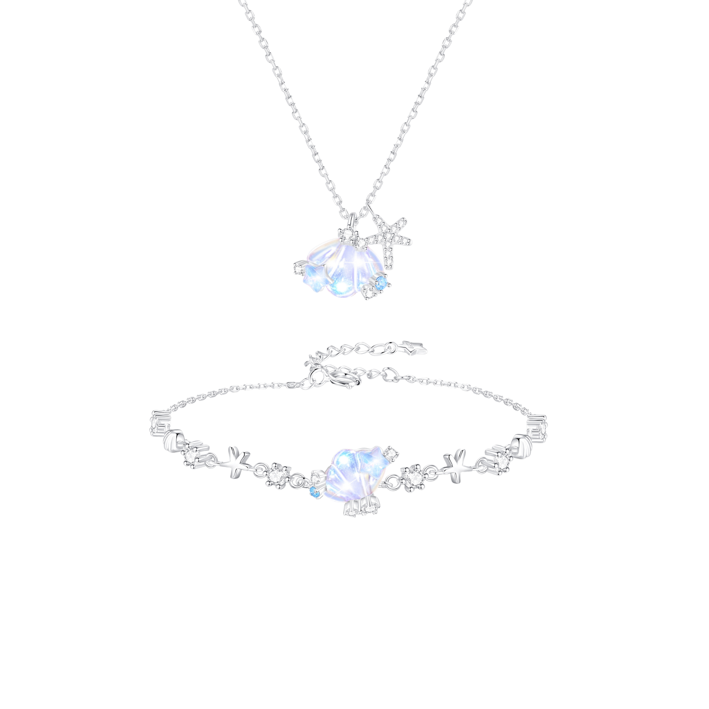 Tidal Glow Opalescent Shell Starfish Jewelry Set S925 Sterling Silver Necklace Bracelet