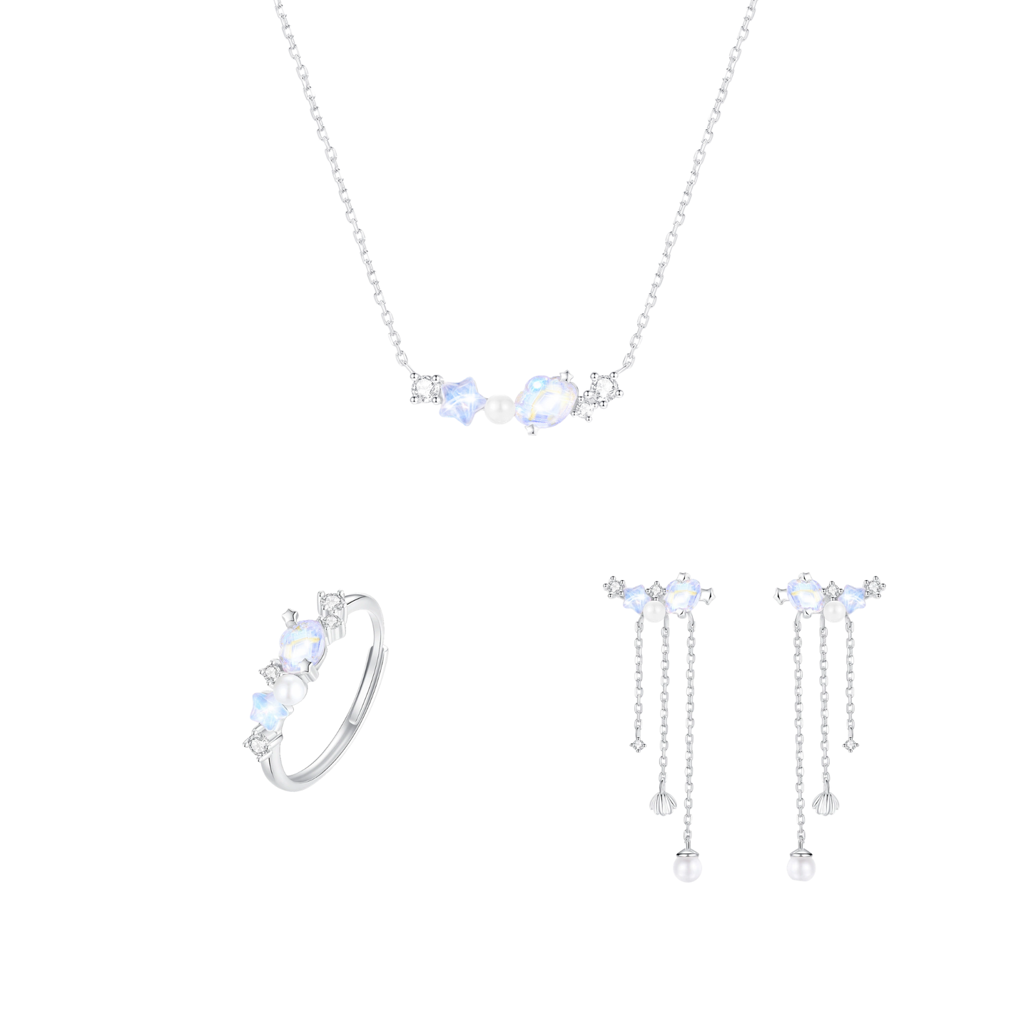 Aurora Shell Opalescent Shell Jewelry Set S925 Sterling Silver Necklace Earrings Ring