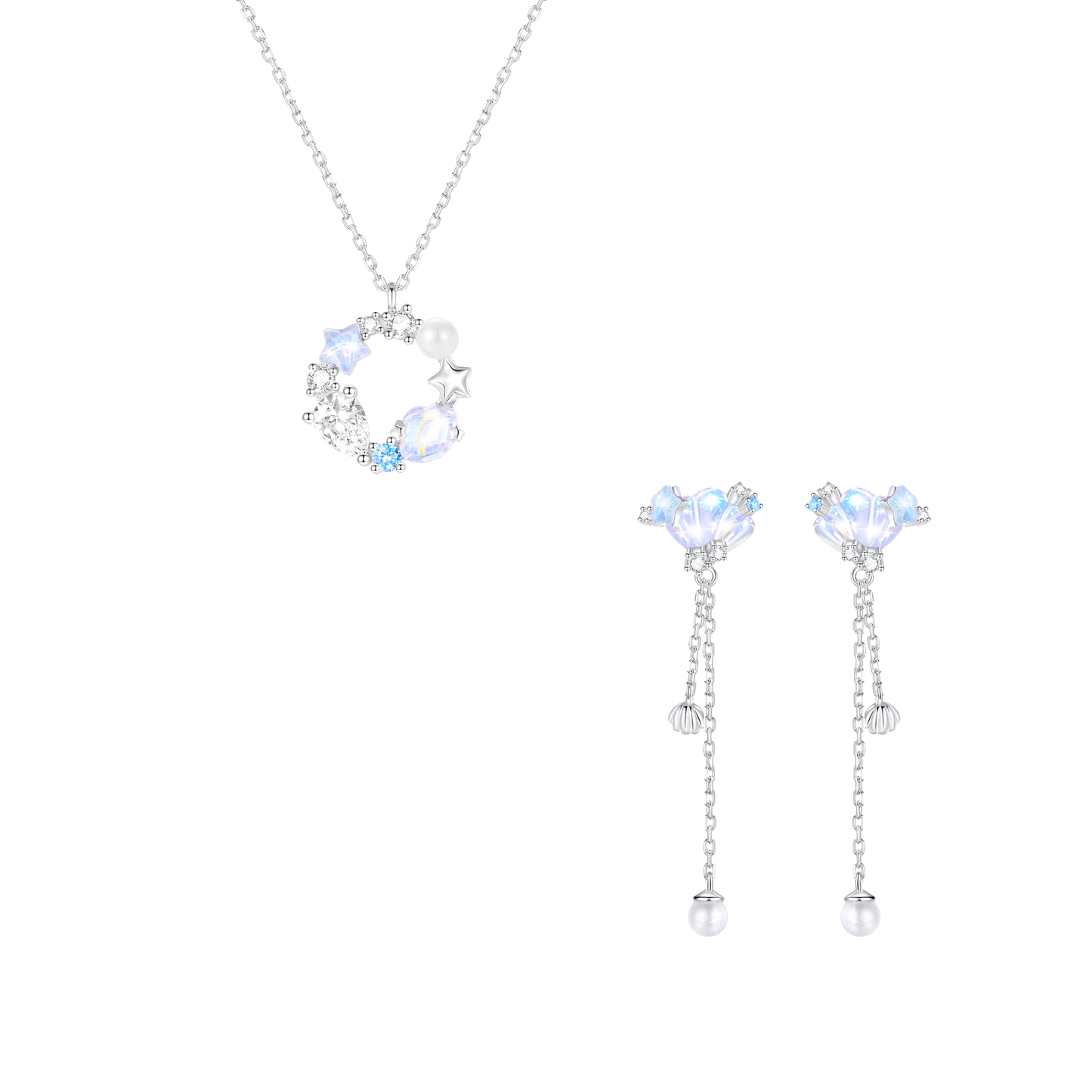 Ocean Luster Opalescent Shell Jewelry Set S925 Sterling Silver Necklace Tassel Earrings