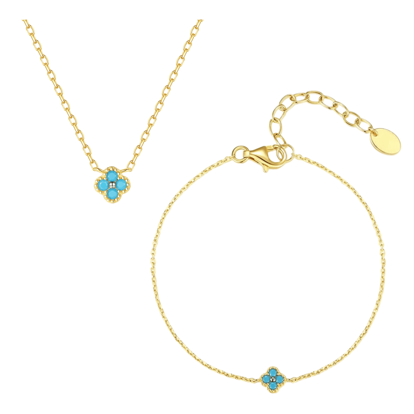 925 Sterling Silver Mini Turquoise Clover Necklace & Bracelet Set – Tiny Clover Luck