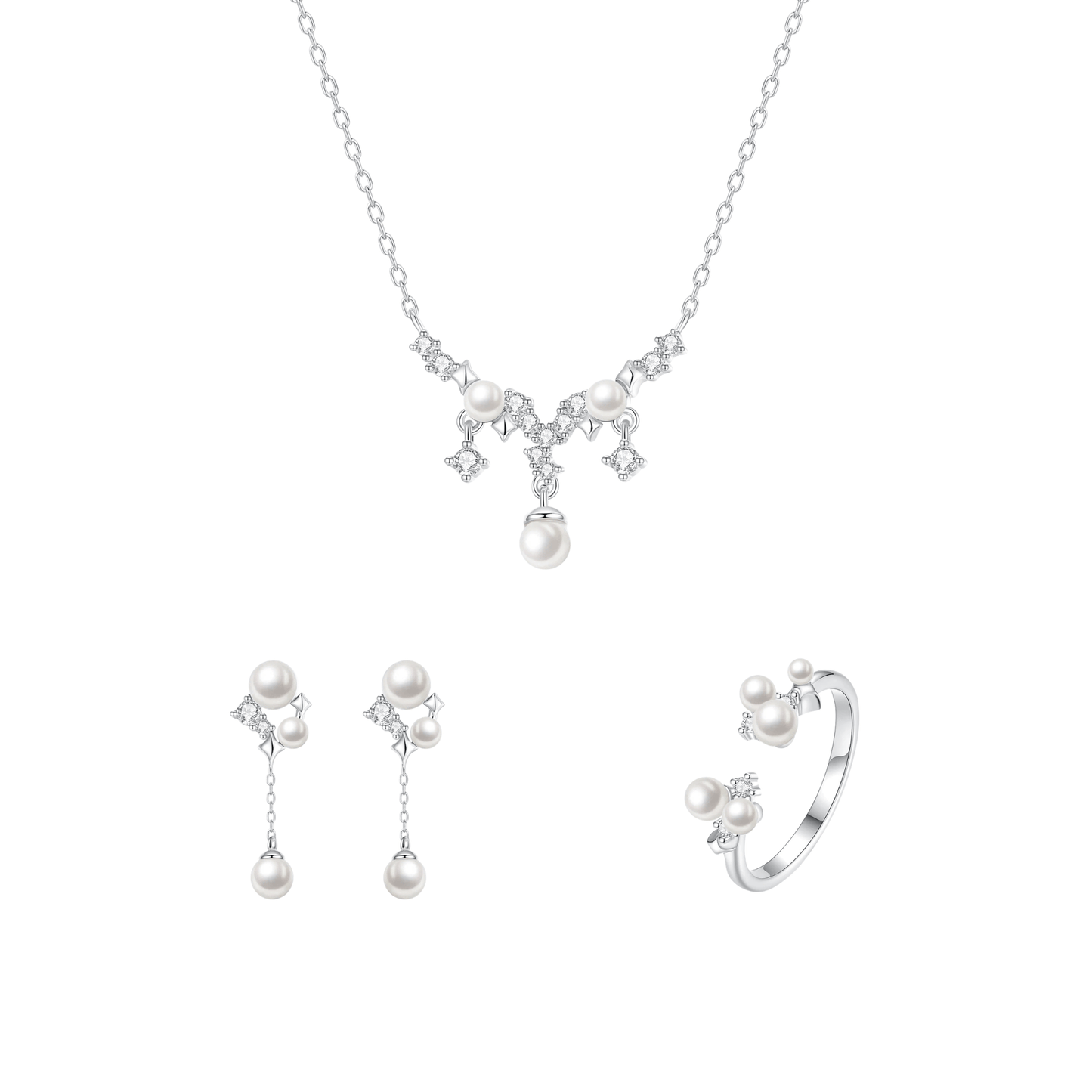 Starlace Pearl S925 Sterling Silver Pearl Jewelry Set Necklace Earrings & Ring