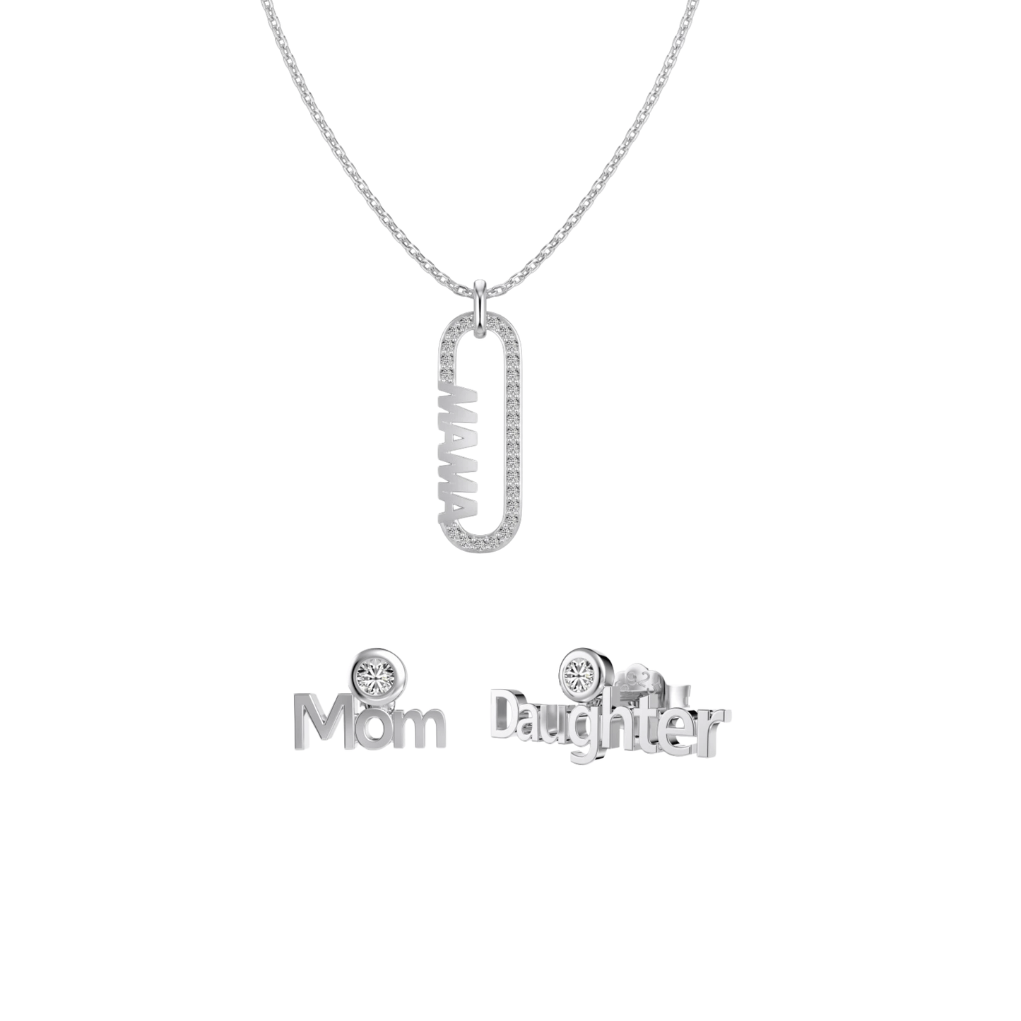 Mama Link S925 Sterling Silver Mom Necklace and Earrings Set