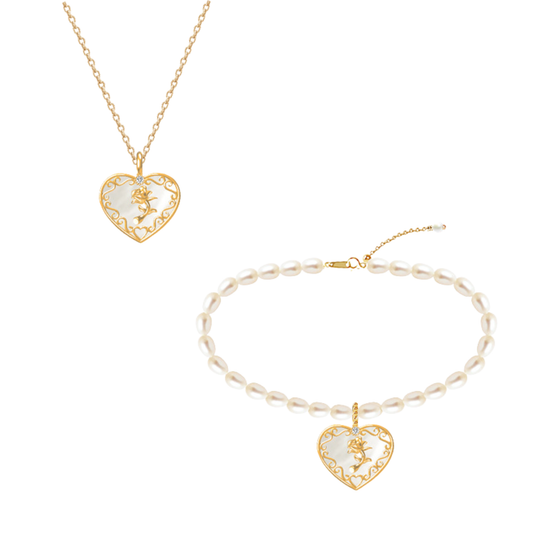 Rose Reverie S925 Sterling Silver Mother of Pearl Rose Jewelry Set Necklace Bracelet