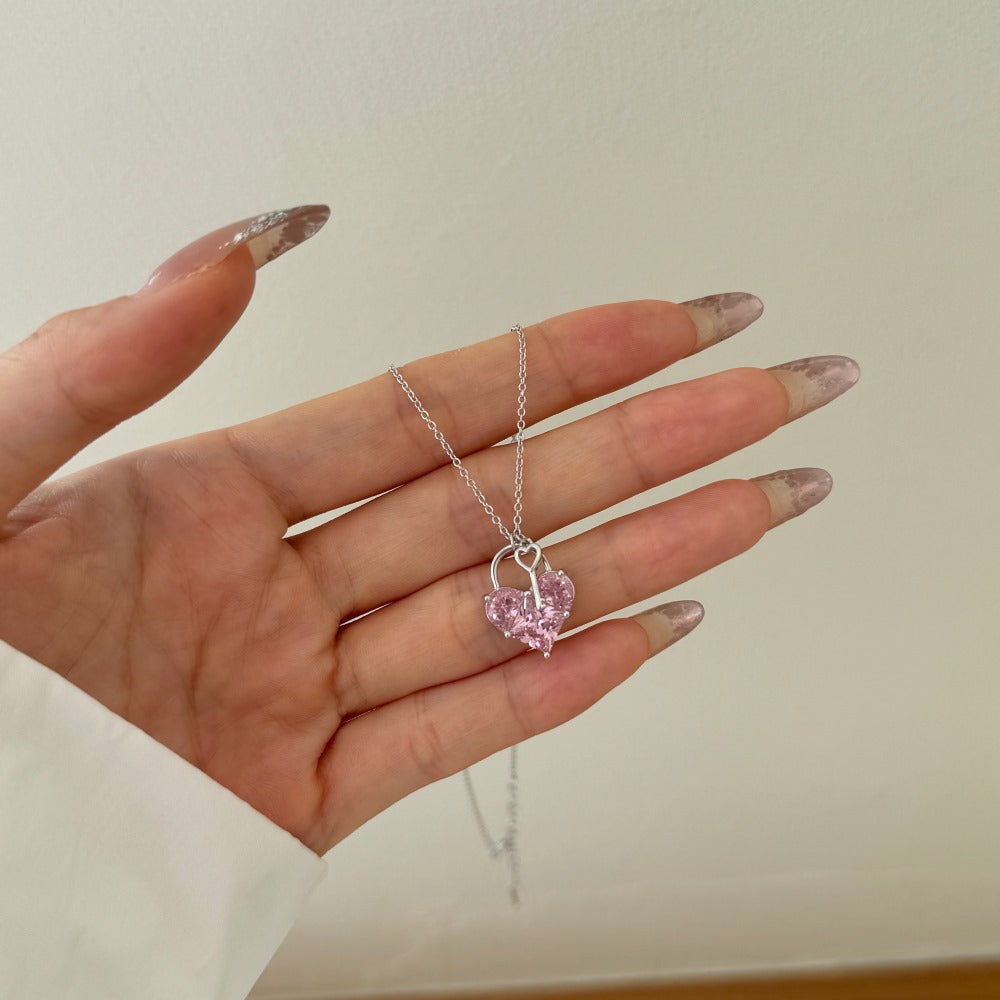 S925 Sterling Silver Key to My Heart Necklace Pink Heart CZ Key Pendant Romantic Jewelry