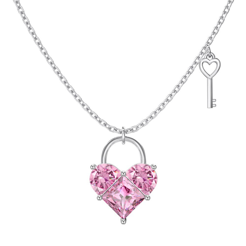 S925 Sterling Silver Key to My Heart Necklace Pink Heart CZ Key Pendant Romantic Jewelry
