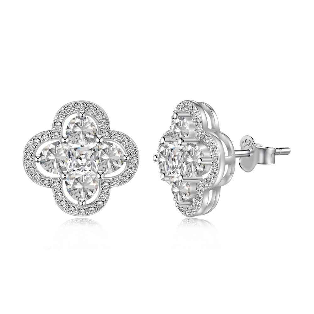 S925 Sterling Silver Four Leaf Clover Necklace Earrings Set White Pink CZ