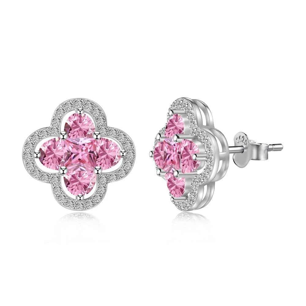 S925 Sterling Silver Four Leaf Clover Necklace Earrings Set White Pink CZ