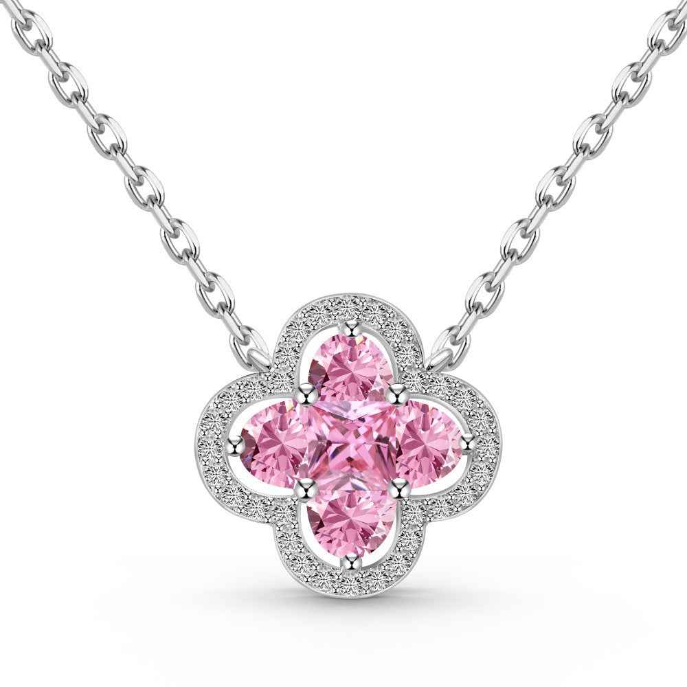 S925 Sterling Silver Four Leaf Clover Necklace Earrings Set White Pink CZ