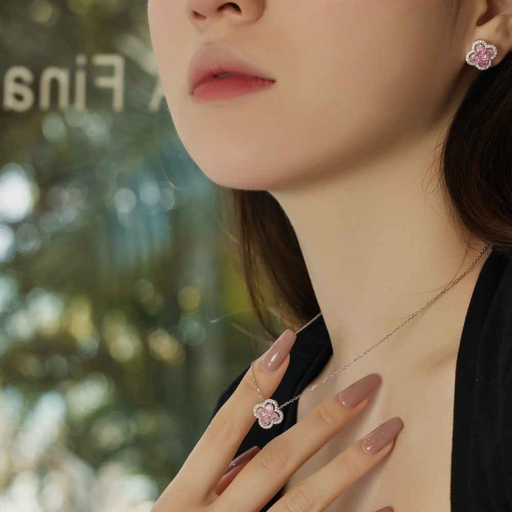 S925 Sterling Silver Four Leaf Clover Necklace Earrings Set White Pink CZ