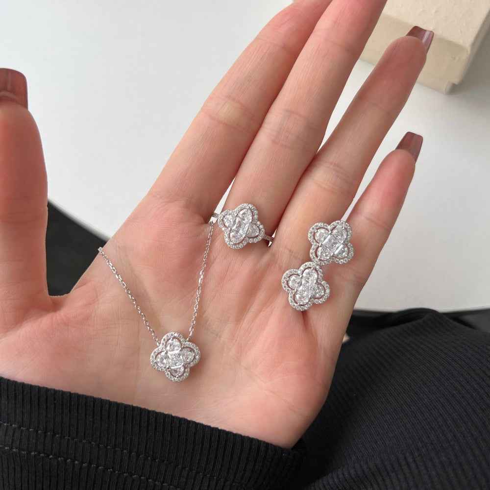 S925 Sterling Silver Four Leaf Clover Necklace Earrings Set White Pink CZ