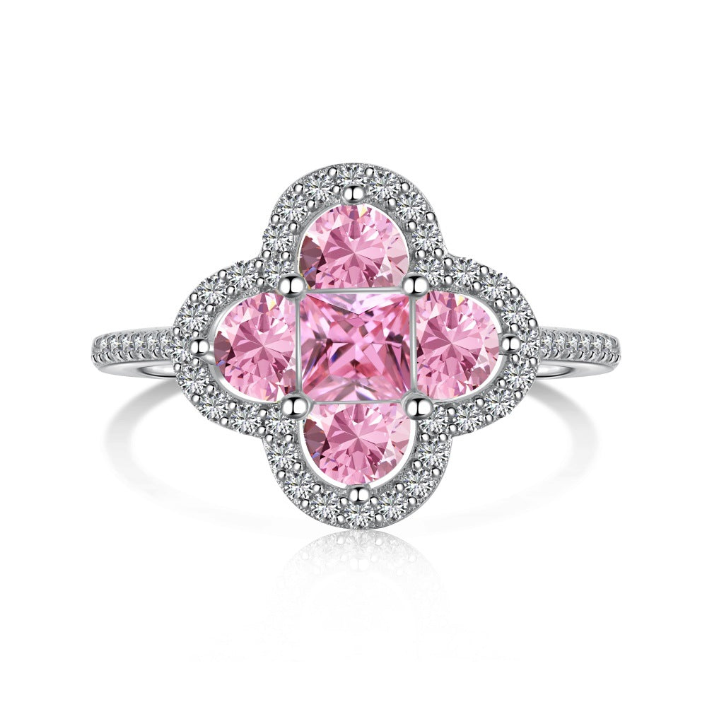 S925 Sterling Silver Four Leaf Clover CZ Ring White Pink Stone
