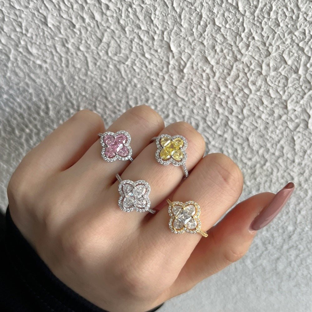 S925 Sterling Silver Four Leaf Clover CZ Ring White Pink Stone