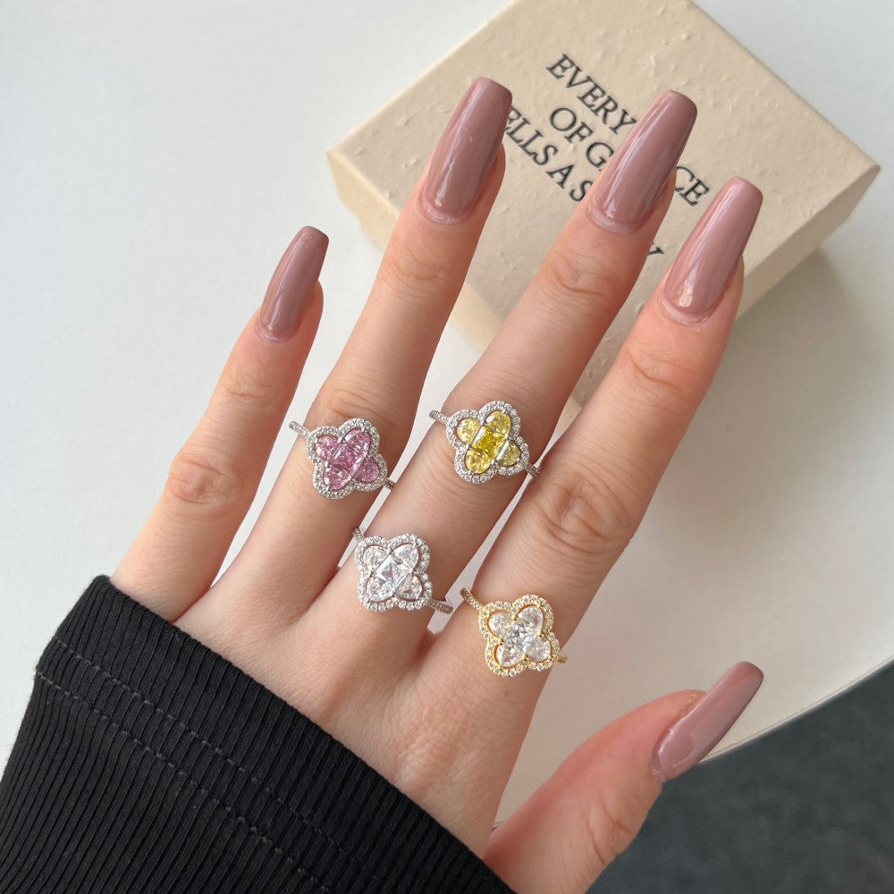 S925 Sterling Silver Four Leaf Clover CZ Ring White Pink Stone