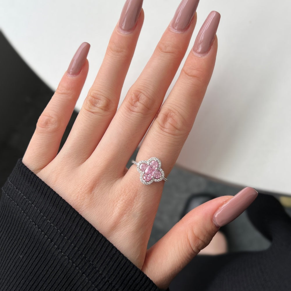 S925 Sterling Silver Four Leaf Clover CZ Ring White Pink Stone
