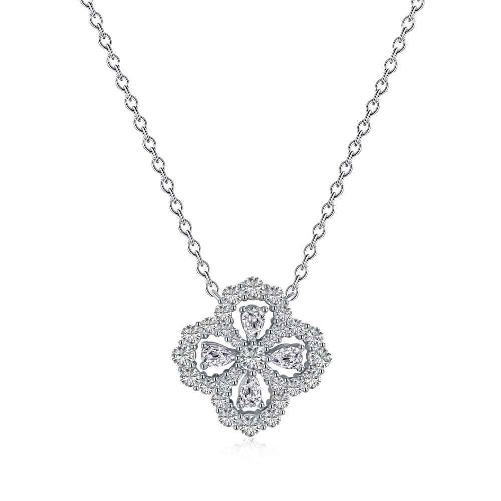 S925 Sterling Silver Clover Teardrop Necklace White Pink CZ Adjustable