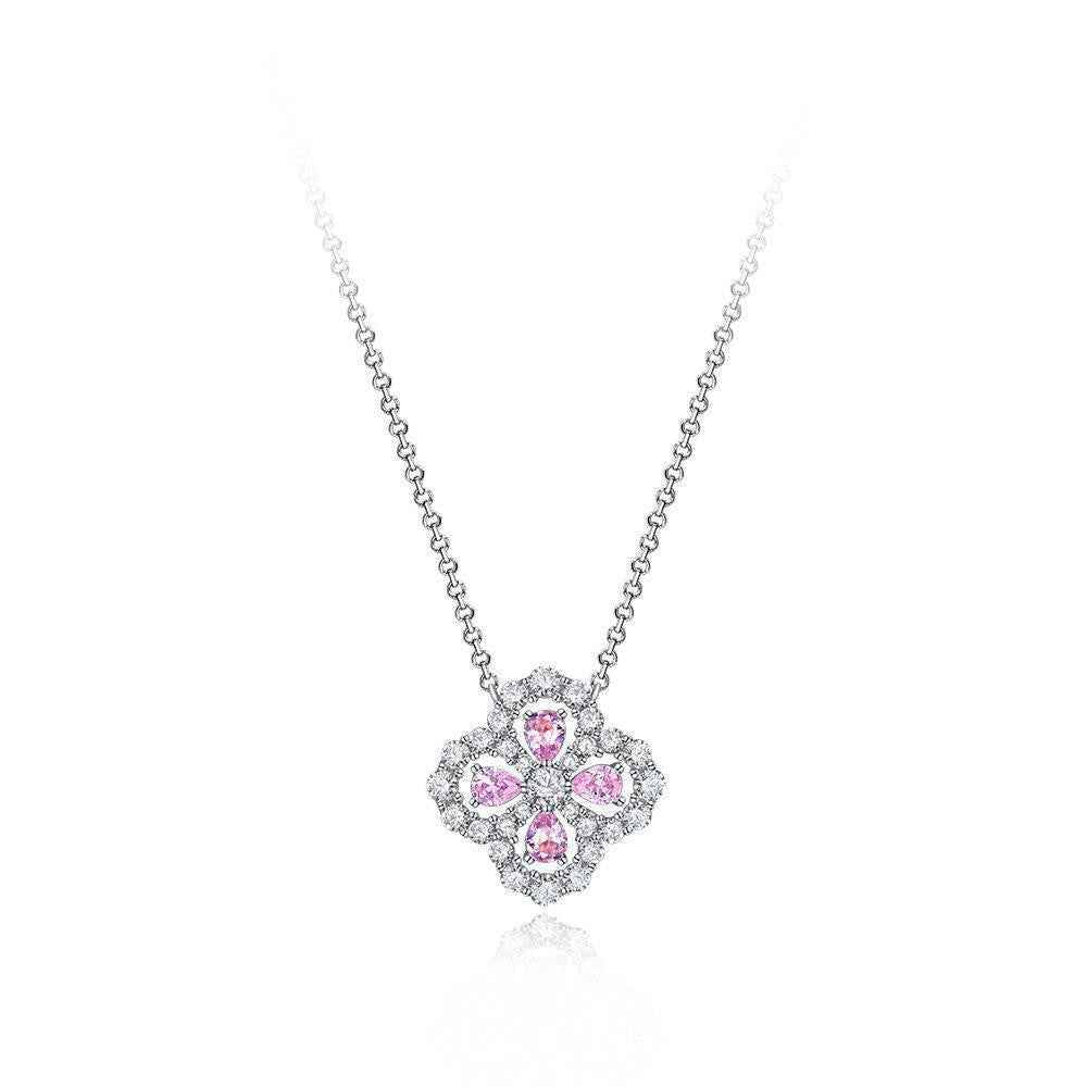 S925 Sterling Silver Clover Teardrop Necklace White Pink CZ Adjustable