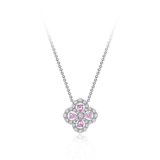 S925 Sterling Silver Clover Teardrop Necklace White Pink CZ Adjustable