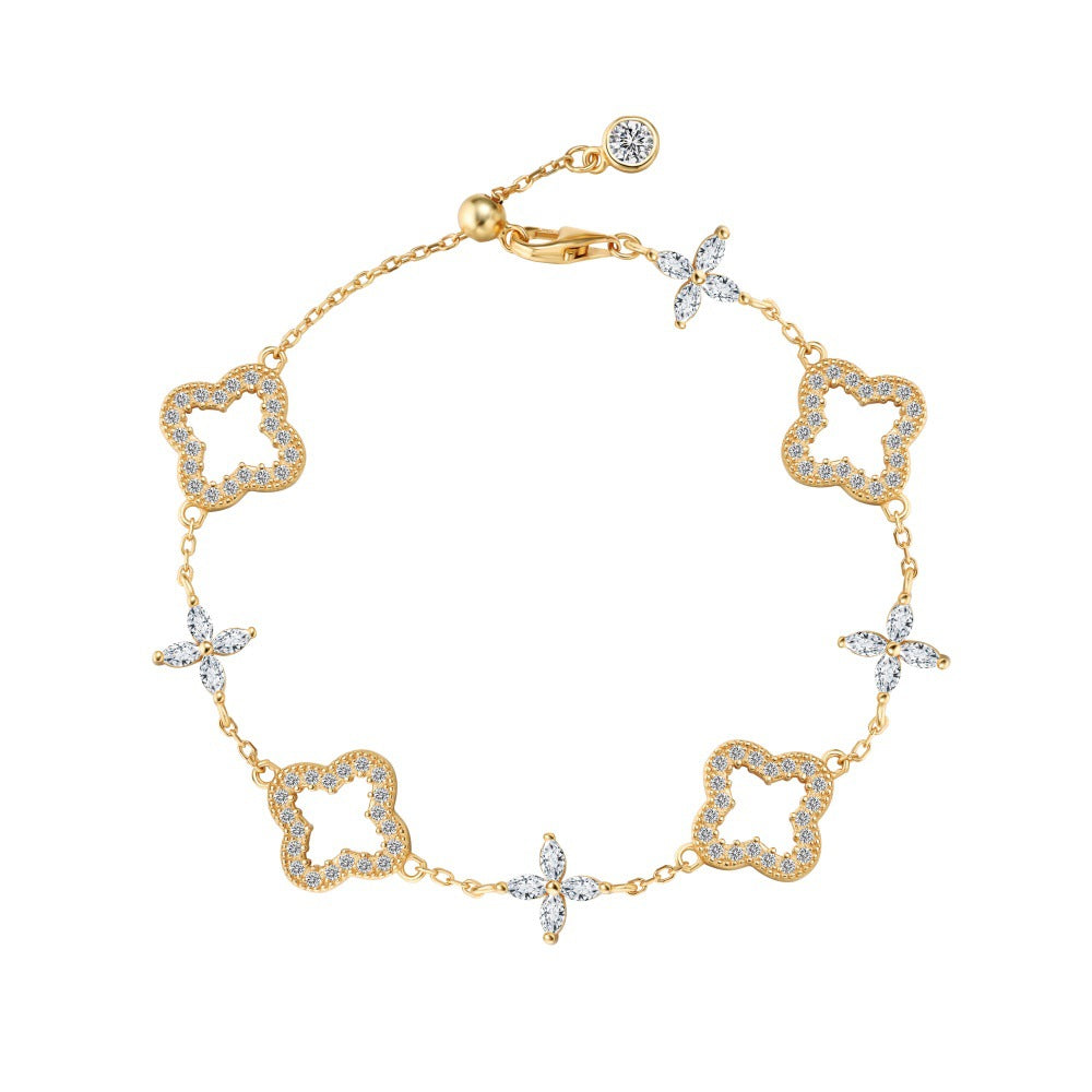 S925 Sterling Silver Hollow Clover CZ Bracelet Gold Plated