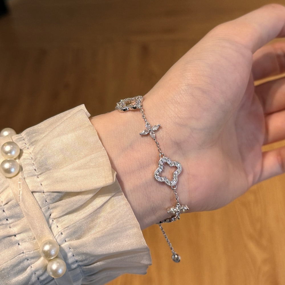 S925 Sterling Silver Hollow Clover CZ Bracelet Gold Plated