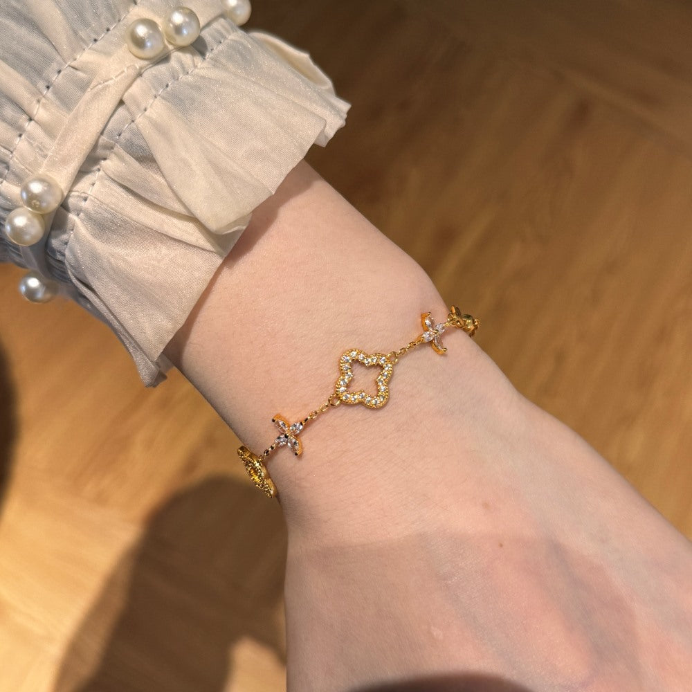 S925 Sterling Silver Hollow Clover CZ Bracelet Gold Plated
