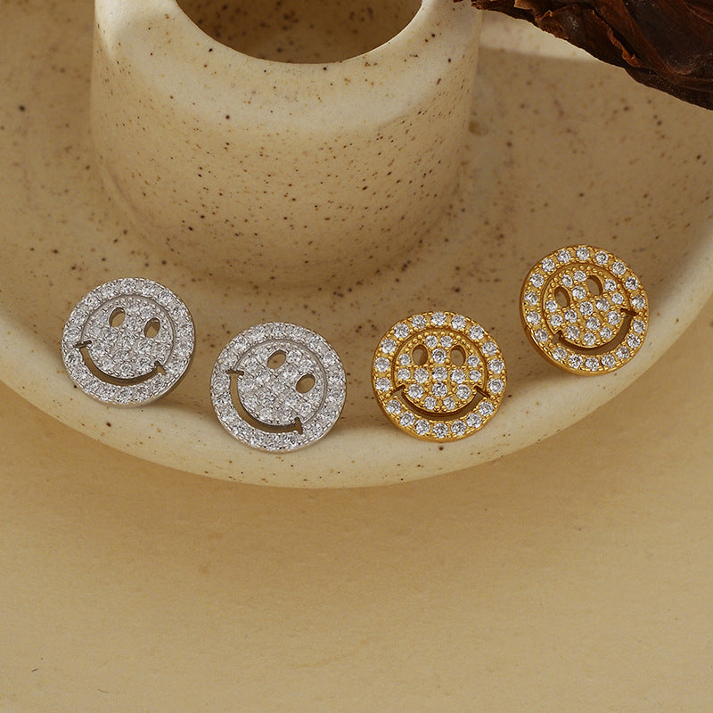 “Happy Spark” S925 Sterling Silver Zircon Pavé Smile Face Stud Earrings
