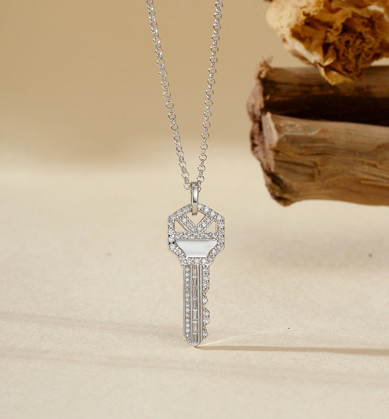 925 Sterling Silver Pavé Key Pendant Necklace