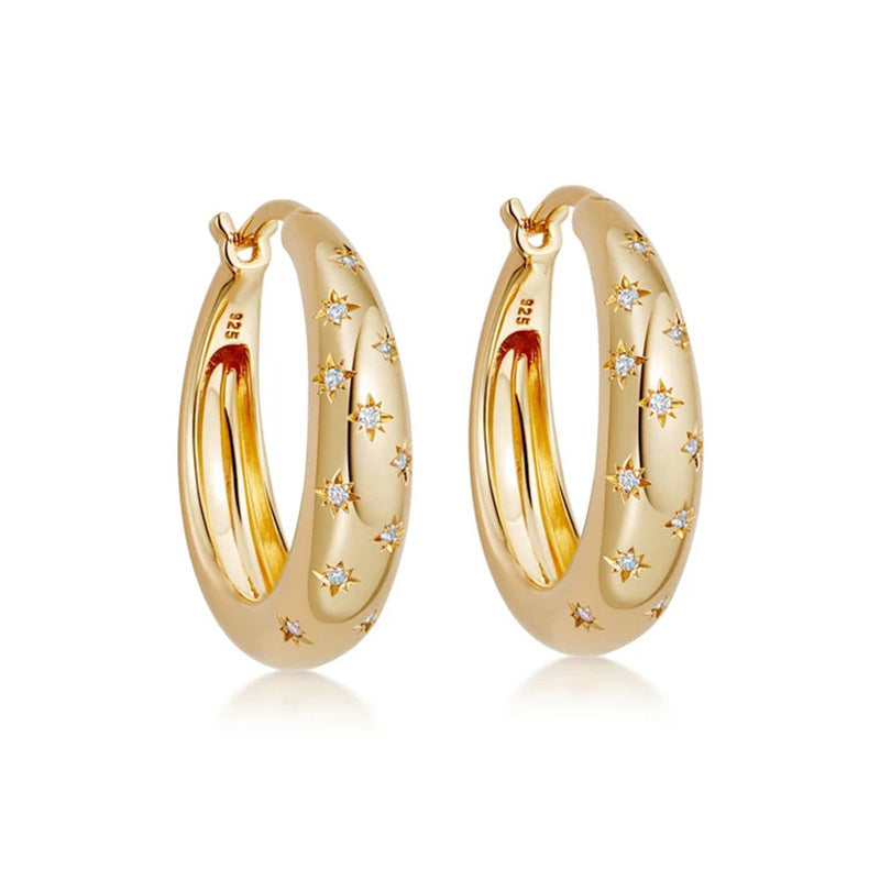 “Octastar Radiance” S925 Sterling Silver Eight-Point Star Zircon Hoop Earrings