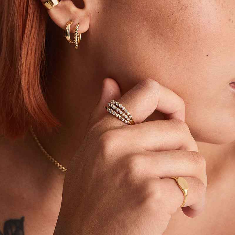 925 Sterling Silver Triple Gleam Three-Row Pavé Zircon Ring Gold Plated Statement Ring