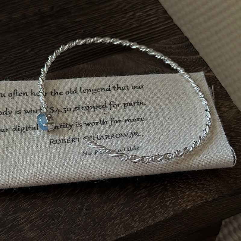 S925 Sterling Silver Blue Mist Aquamarine Open Bangle Bracelet Twisted Vine Design