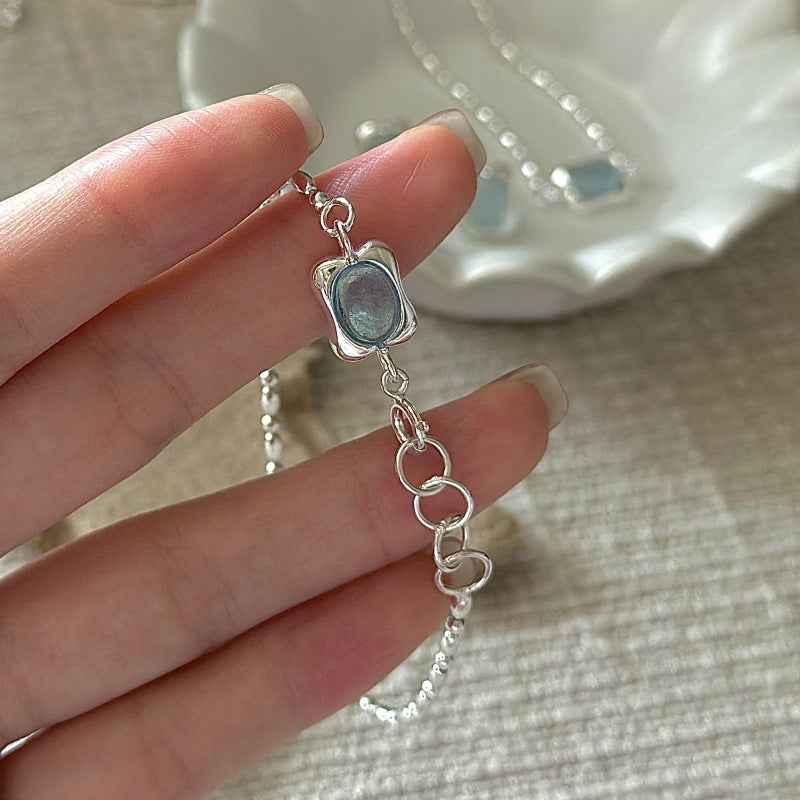 925 Sterling Silver Ocean Pillow Aquamarine Blue Jewelry Set Necklace Bracelet Earrings