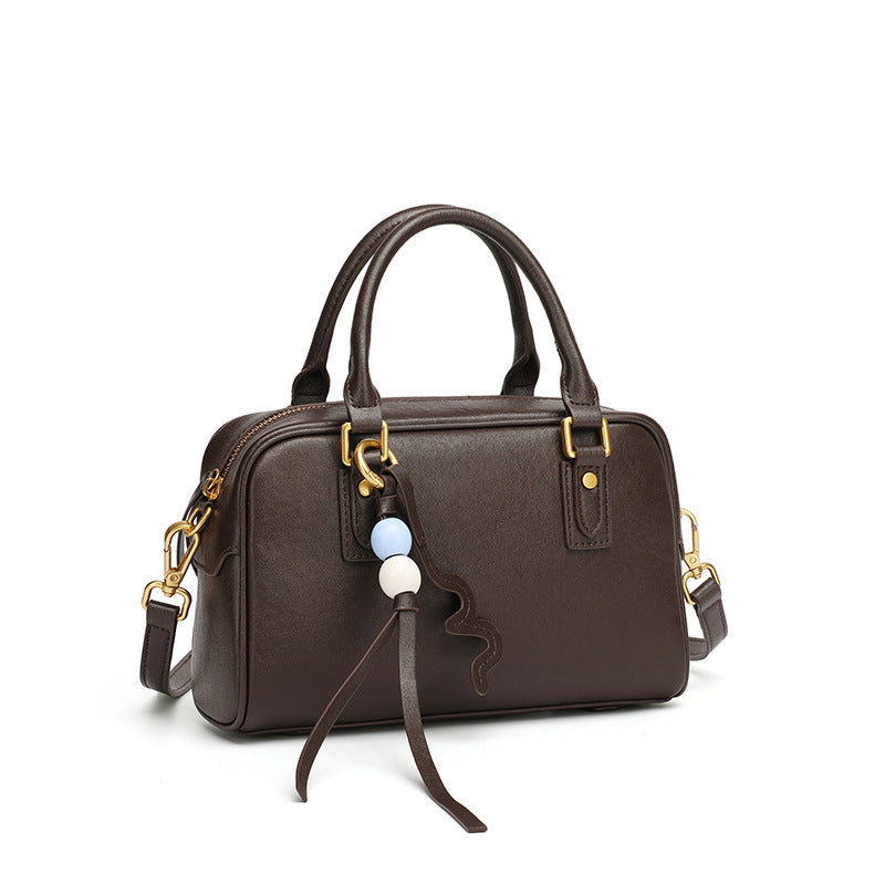 Women's Genuine Leather Boston Bag with Wavy Charm