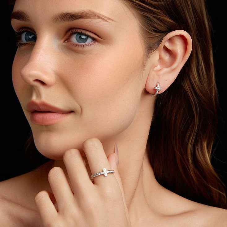 925 Sterling Silver Moissanite Cross Ring and Earrings Set