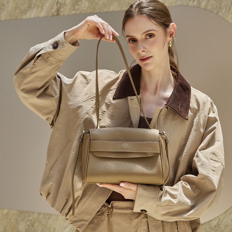 Women's Lychee-Grain Cowhide Flap Bag with Top Handle