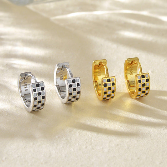 “Checkerboard Muse” S925 Sterling Silver Enamel Checkerboard Hoop Earrings