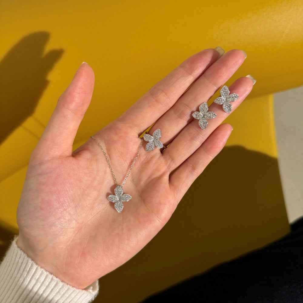 Aurelia Bloom S925 Sterling Silver Flower Zircon Necklace Earrings Ring Set