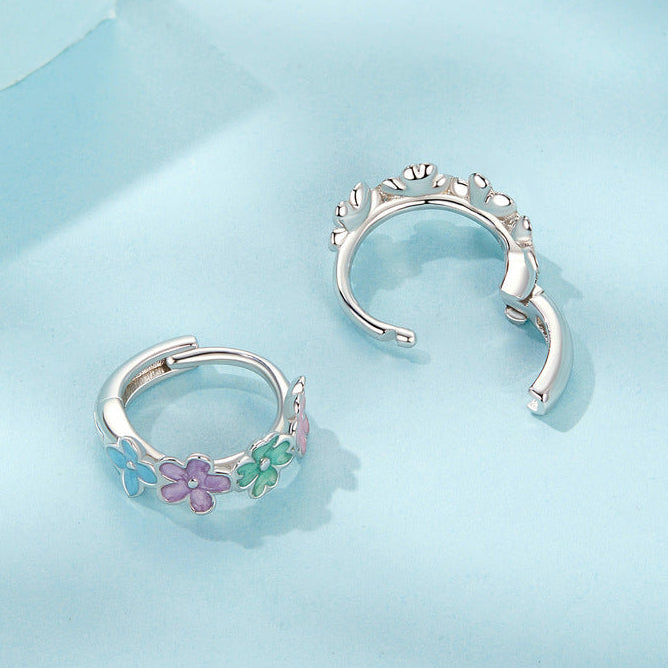 Pastel Bloom S925 Sterling Silver Pastel Flower Huggie Earrings with Enamel Detail
