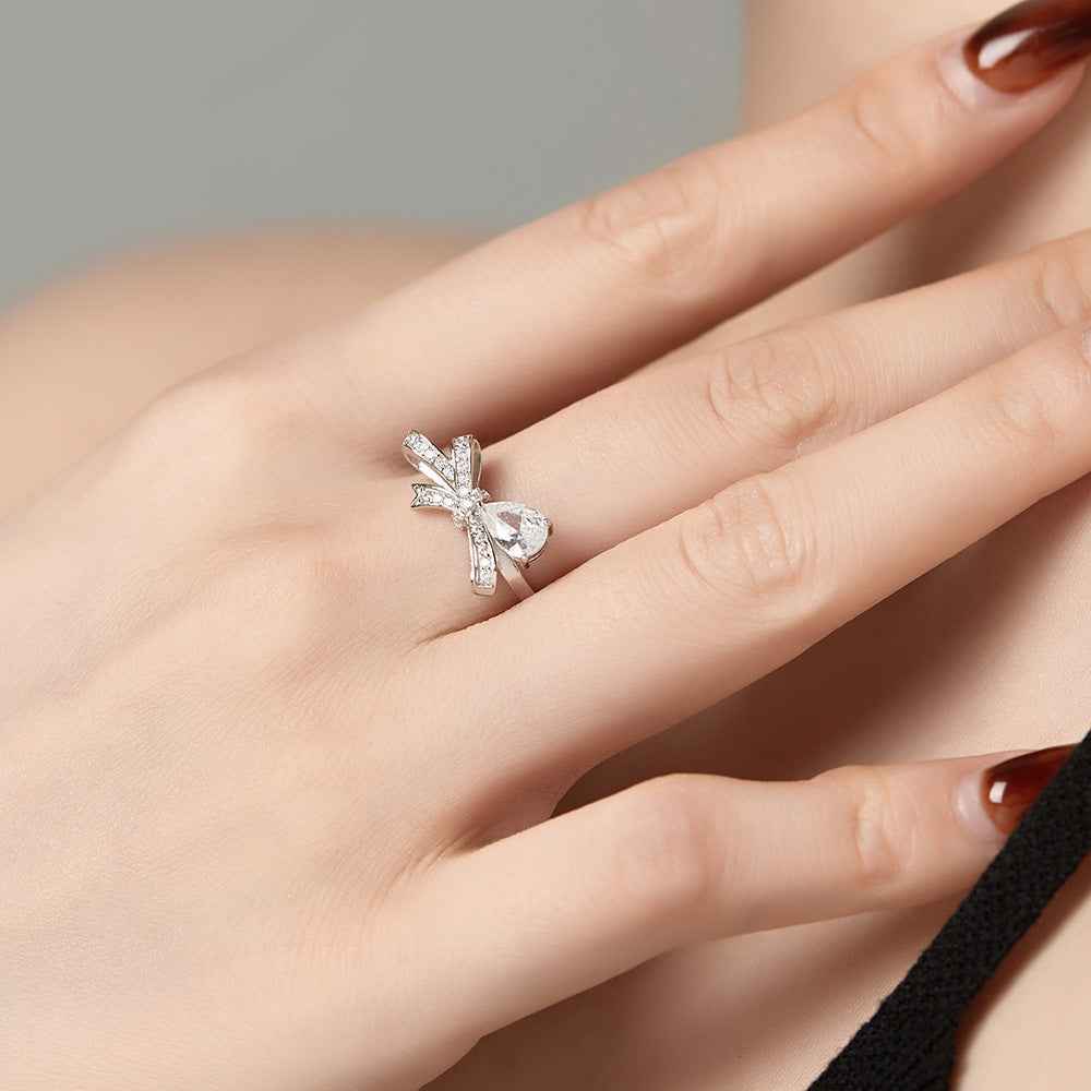 925 Sterling Silver Sweet Bowdrop Ring Teardrop Zircon Bow Ring