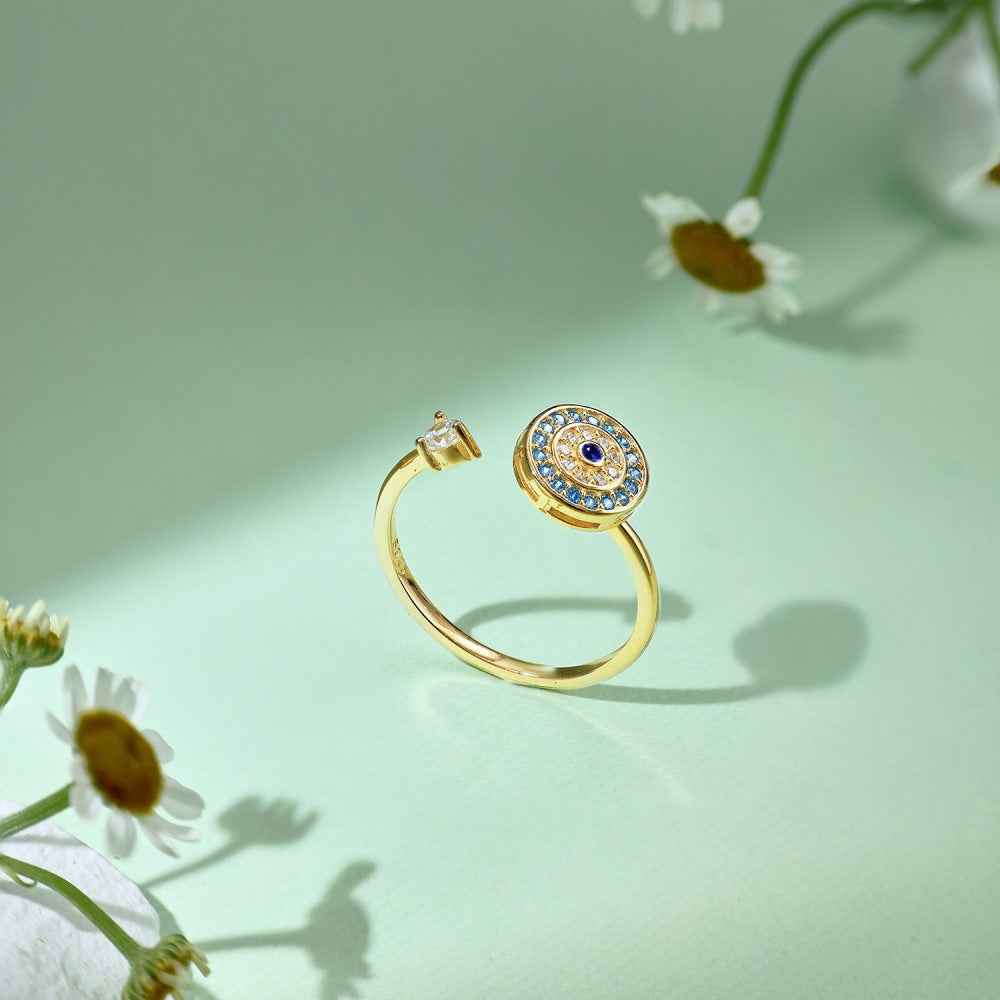 Azure Guardian Rotating Evil Eye Open Ring 925 Sterling Silver