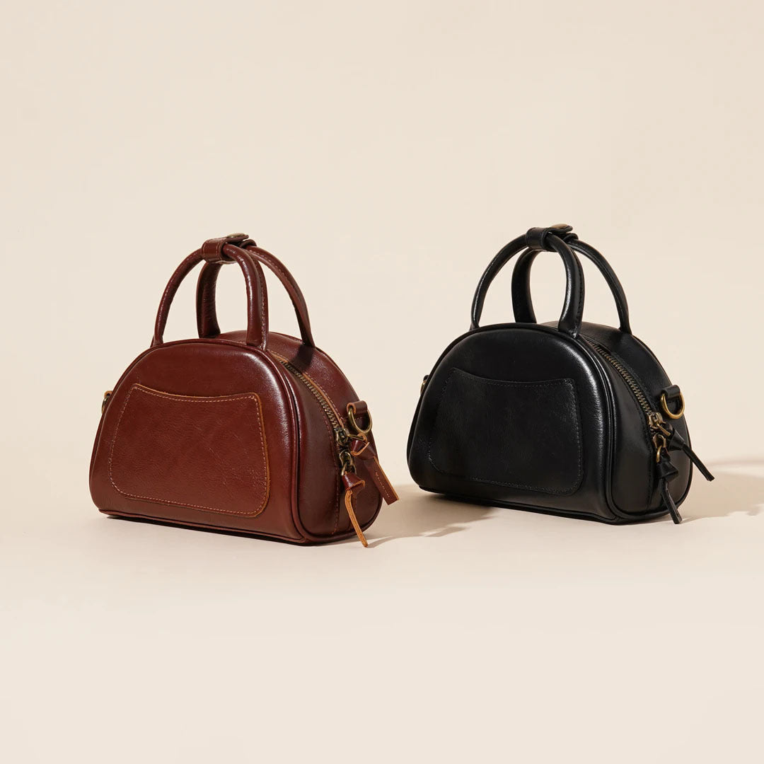 Women's Oil-Waxed Cowhide Mini Dome Boston Bag