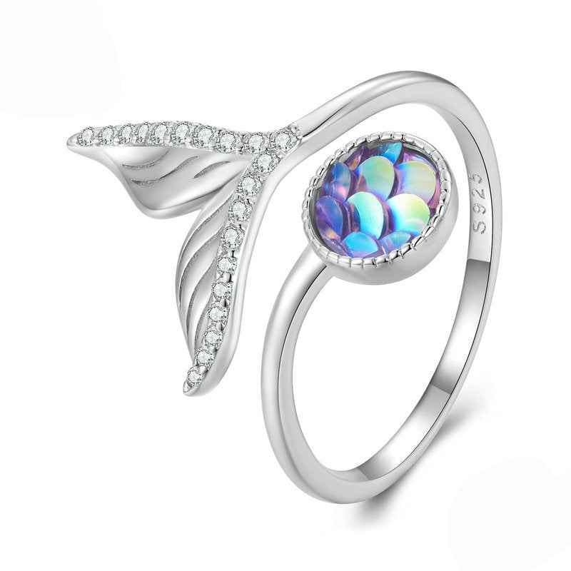 Mermaid Glow S925 Sterling Silver Mermaid Tail Open Ring with Zircon Detail