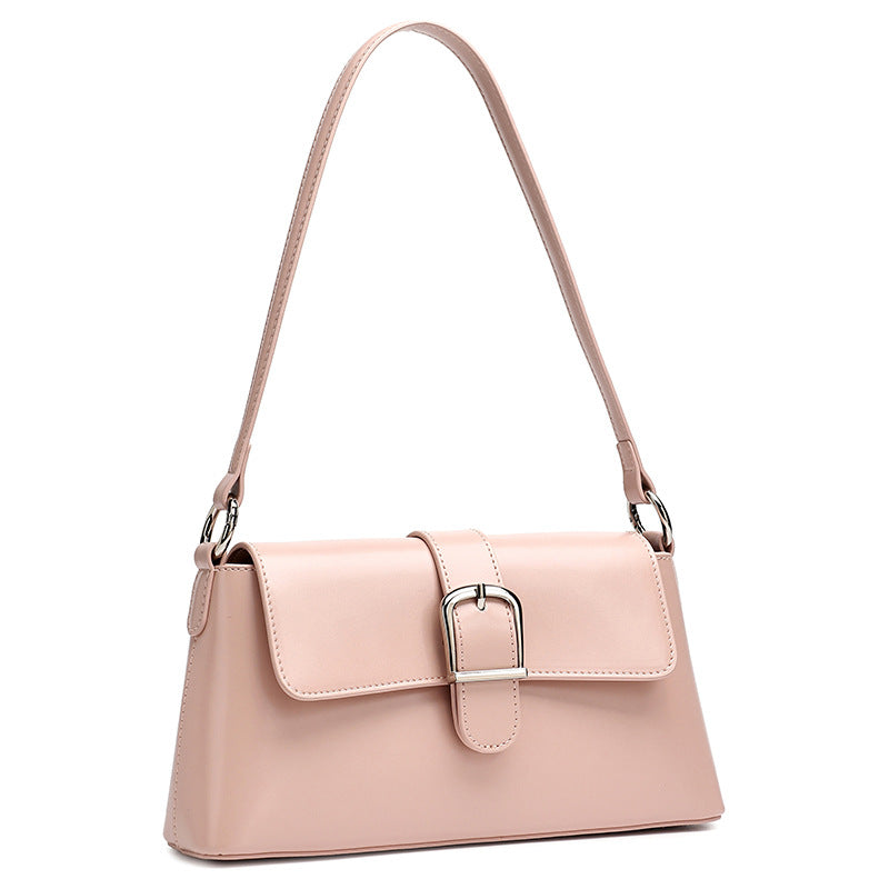 Women's Genuine Leather Vintage Baguette Shoulder Bag with Buckle