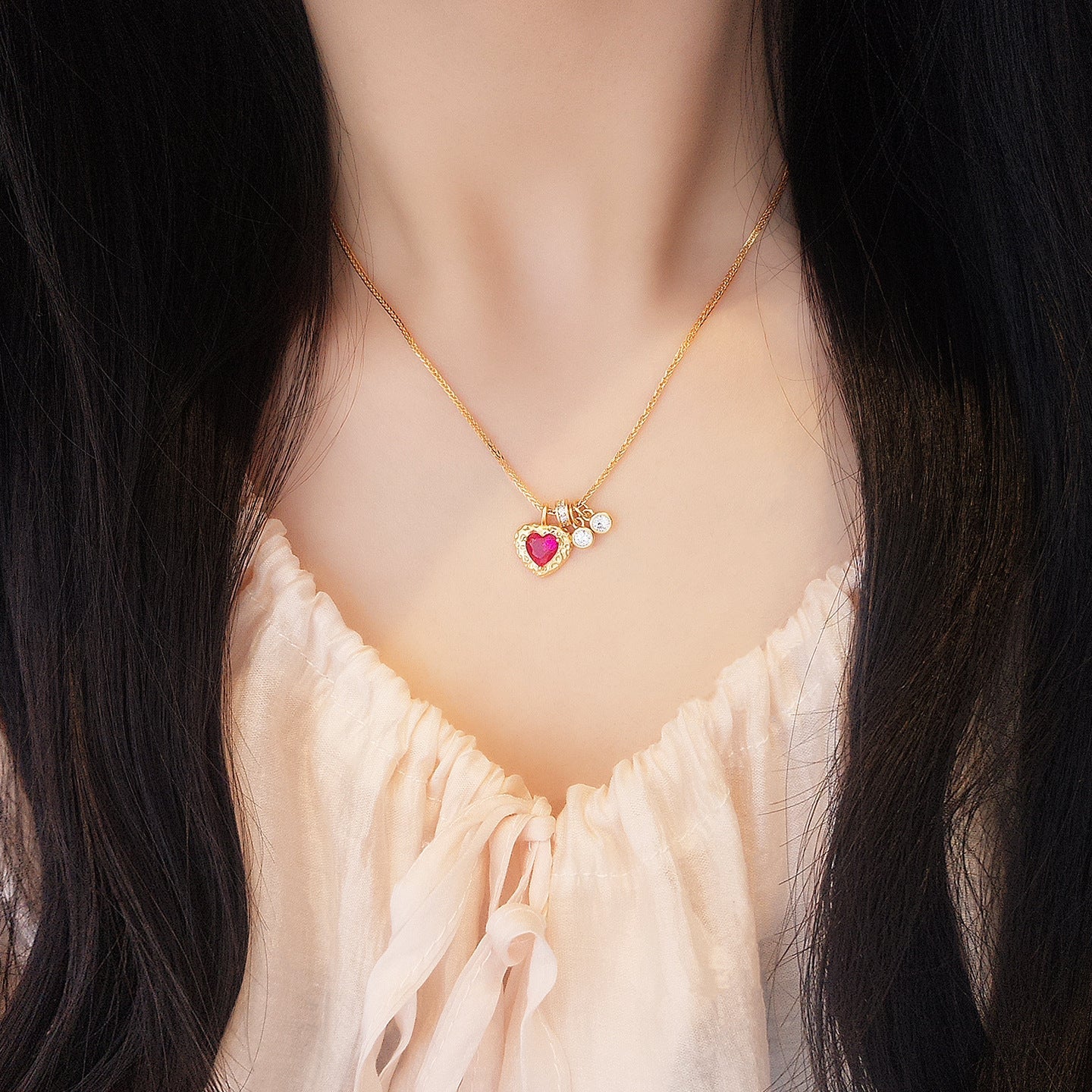 Rouge Heritage Vintage Red Zircon Heart Pendant Necklace in S925 Sterling Silver