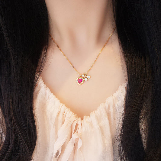 Rouge Heritage Vintage Red Zircon Heart Pendant Necklace in S925 Sterling Silver