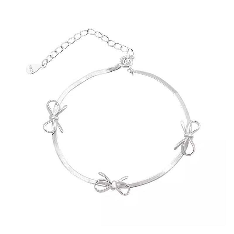 S925 Sterling Silver Three Bow Snake Chain Bracelet Adjustable