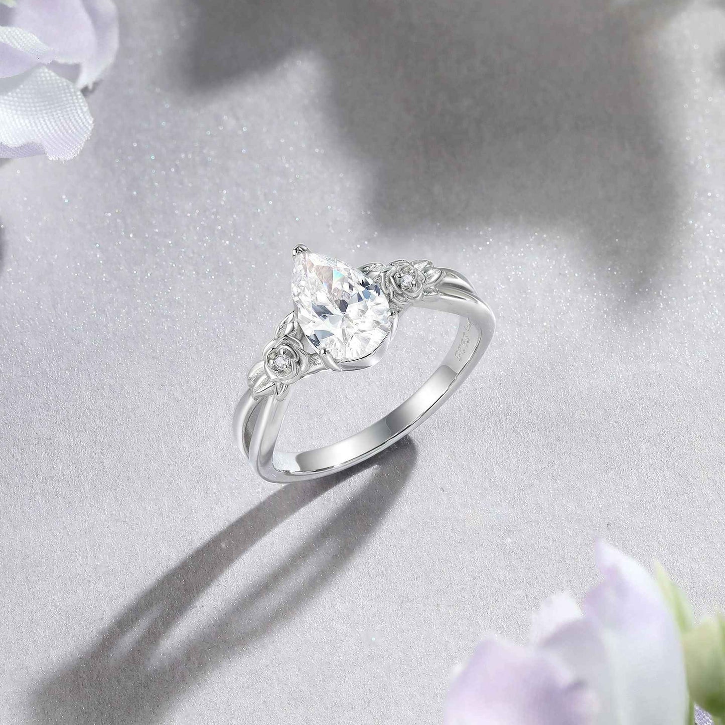 Rose Tiara S925 Silver 1.5CT Pear Cut Floral Ring Set