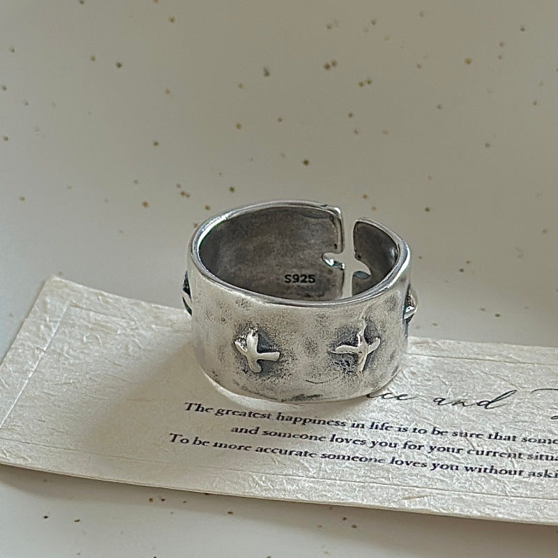 “Crossed Shadow” S925 Sterling Silver Open Adjustable Cross Ring