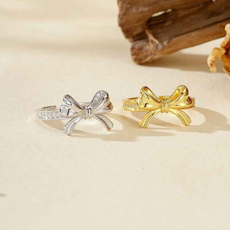 925 Sterling Silver Grace Bow Pavé Ribbon Ring Gold Platinum Plated